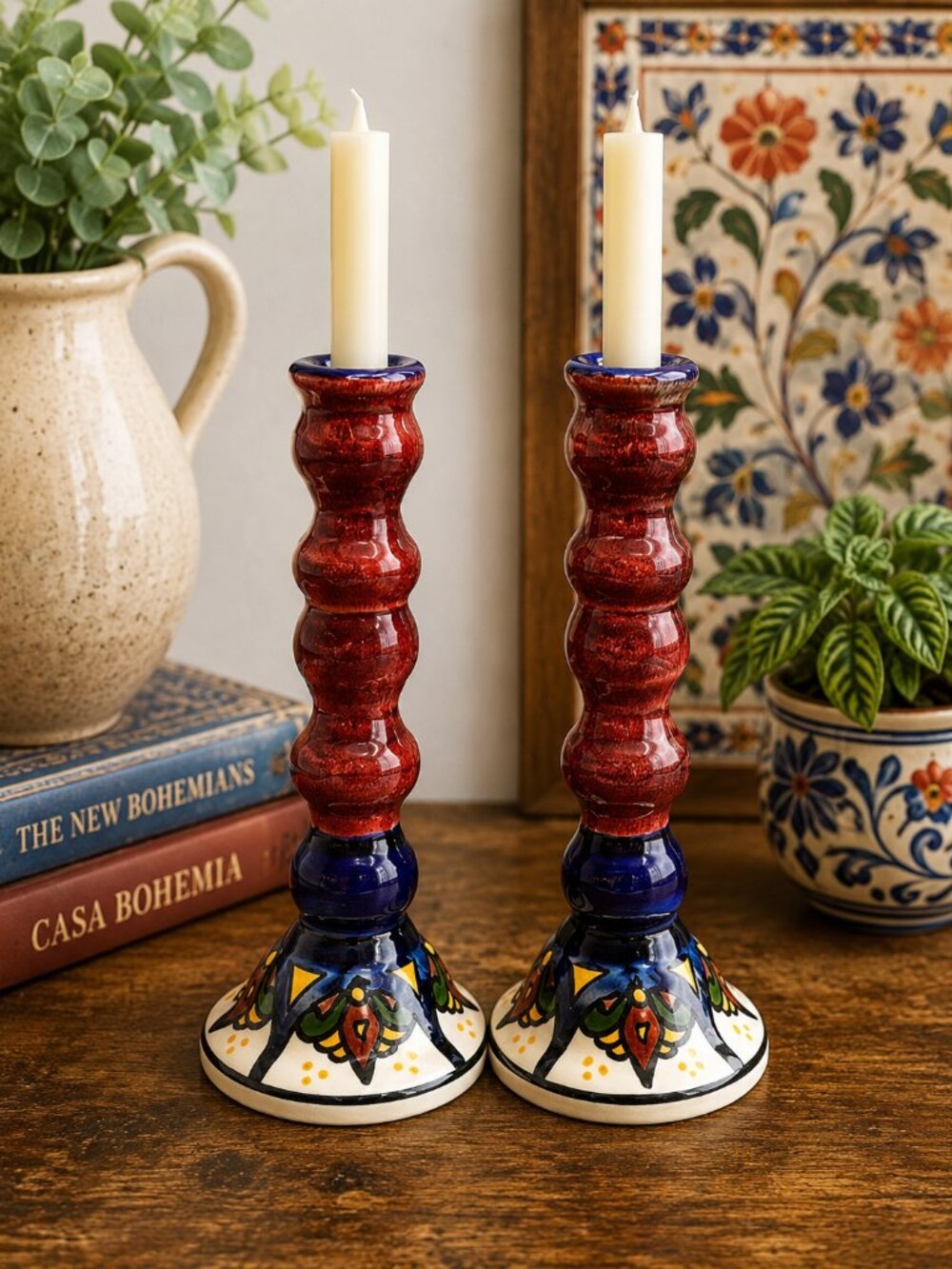 VTG "Ceramica Santa Lucia Honduras" Candlestick Holders Pair Hand Painted 9"